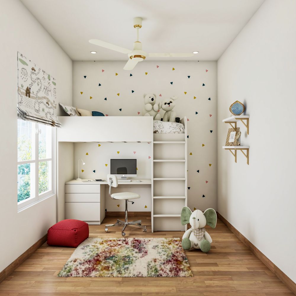 Modern Space-Saving Kids Bedroom With White Bed And Under-Bed Study Table