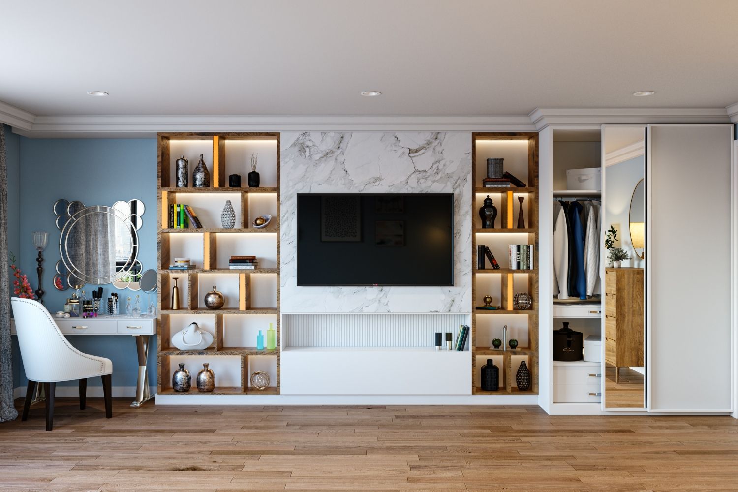 Contemporary Space-Saving Bedroom Design With TV Console And Open Storage Units And 2-Door Sliding Wardrobe