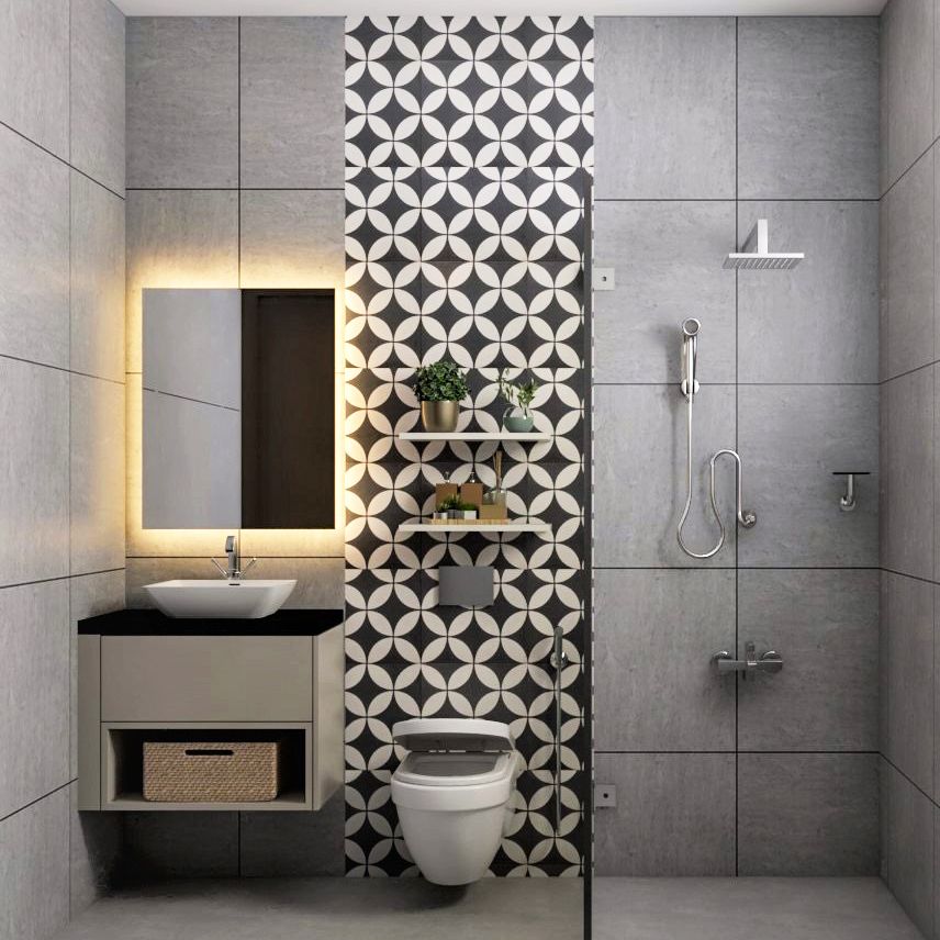 Contemporary Porcelain Grey Matt Bathroom Tile Design With Highlighter Tiles
