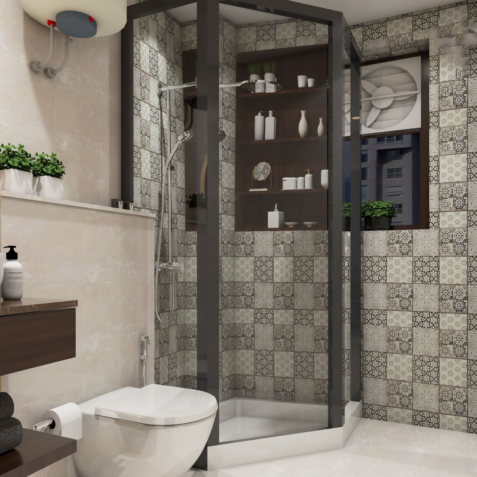 Ceramic Transitional Bathroom Tile Design With Beige Wall Tiles And Moroccan Pattern