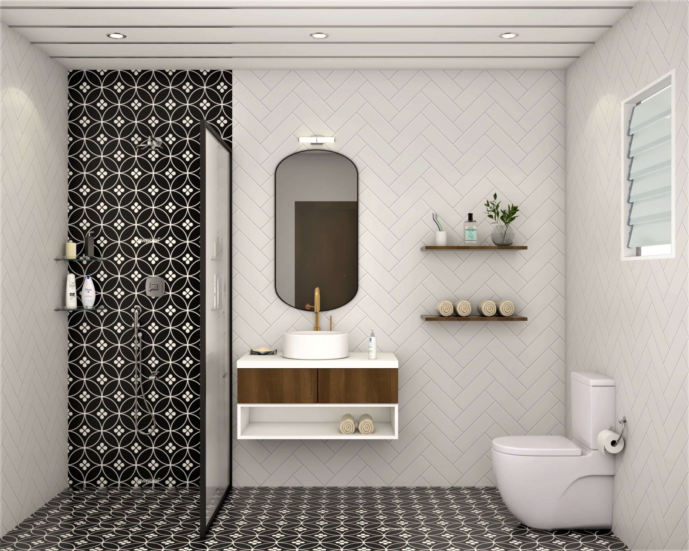 Contemporary Black And White Bathroom Tile Design With Circular And Herringbone Patterns
