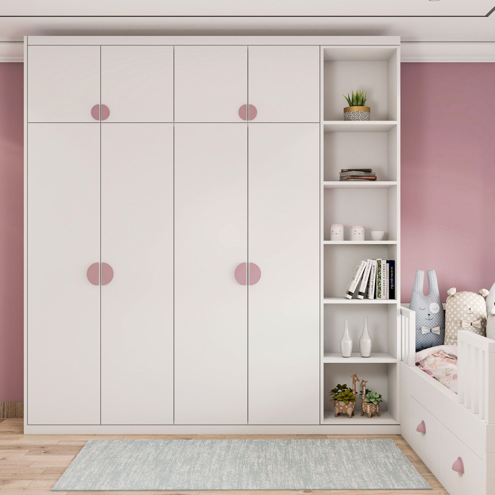 Modern Frosty White 4-Door Swing Wardrobe Design With Pink Handles And Open Storage