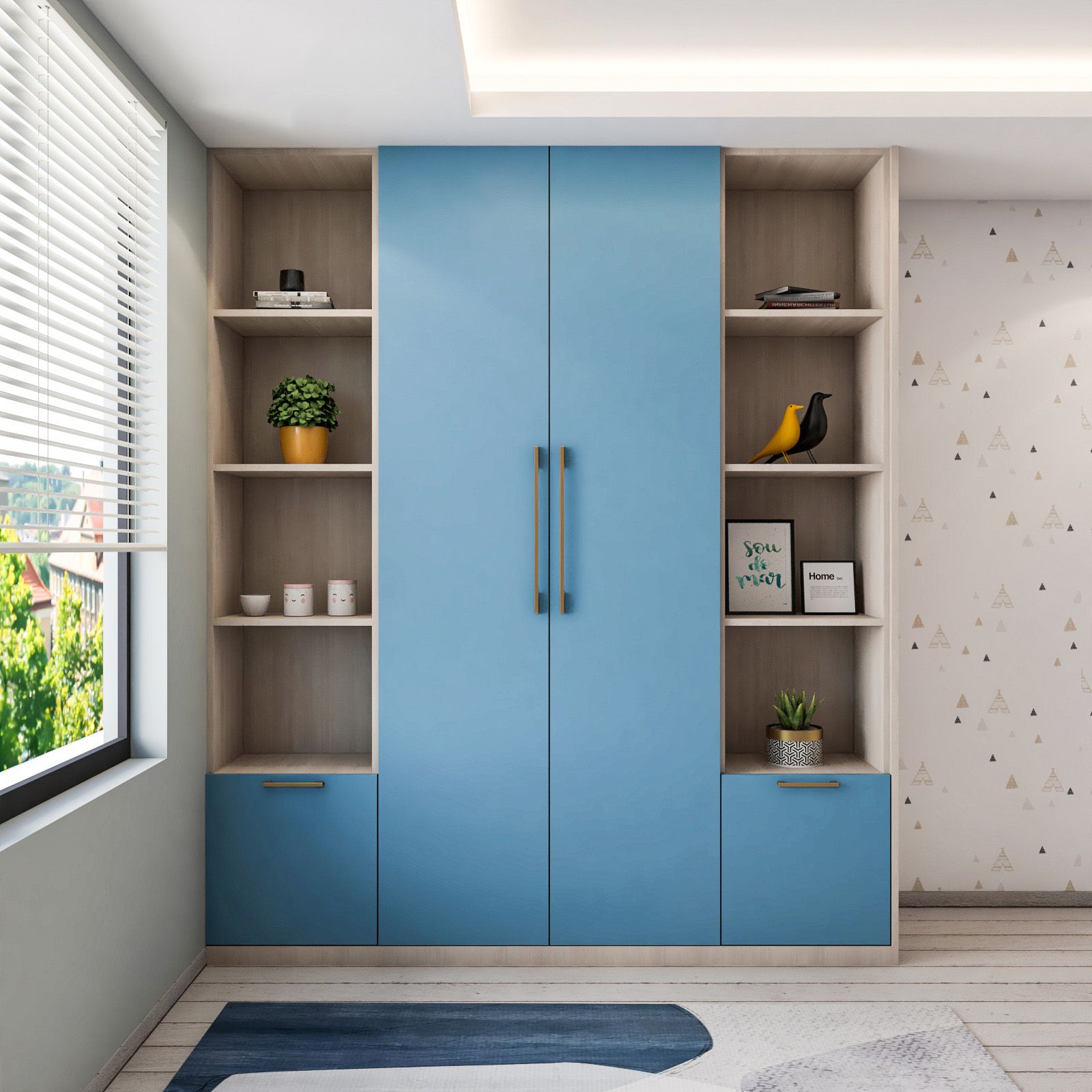 2-Door Contemporary Blue And Wood Swing Wardrobe Design