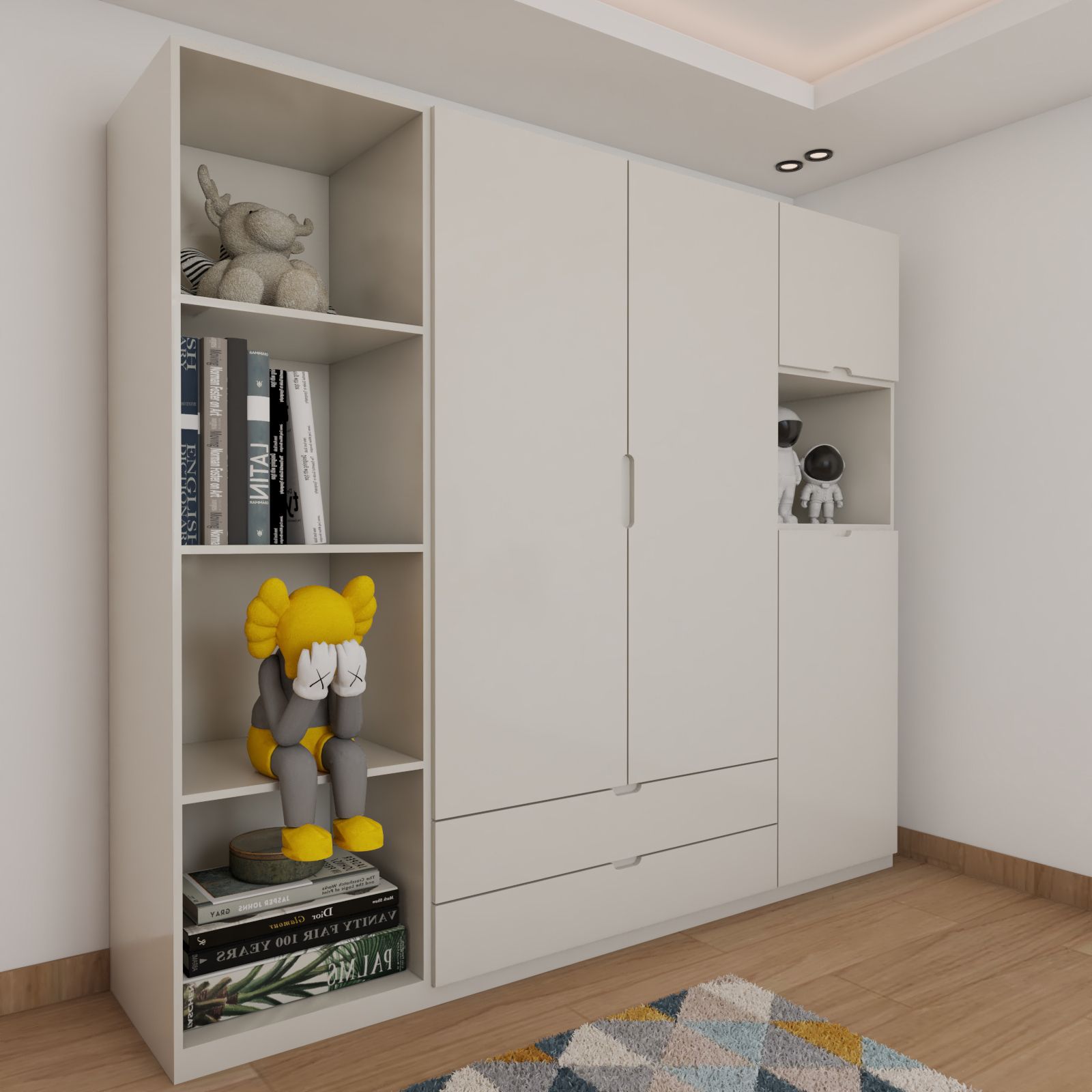 Minimal White 2-Door Swing Wardrobe With Drawer Storage