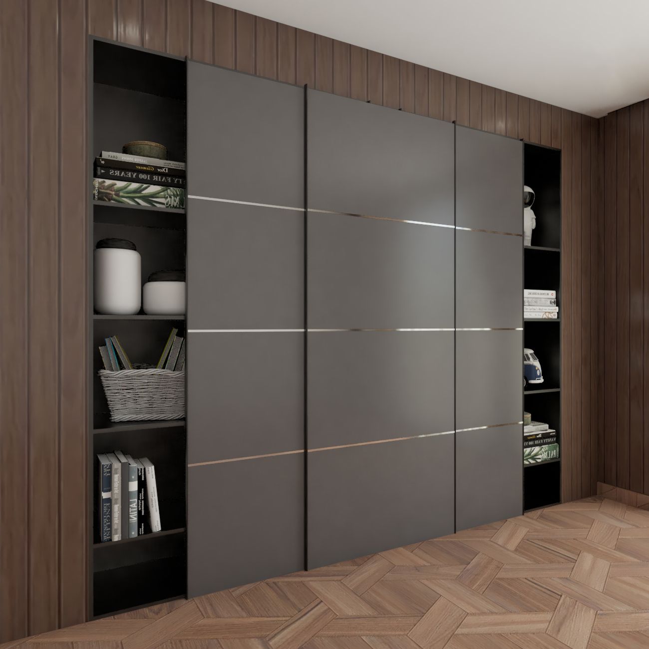 Contemporary 3-Door Gothic Grey Sliding Door Wardrobe With Black Shelf Storage