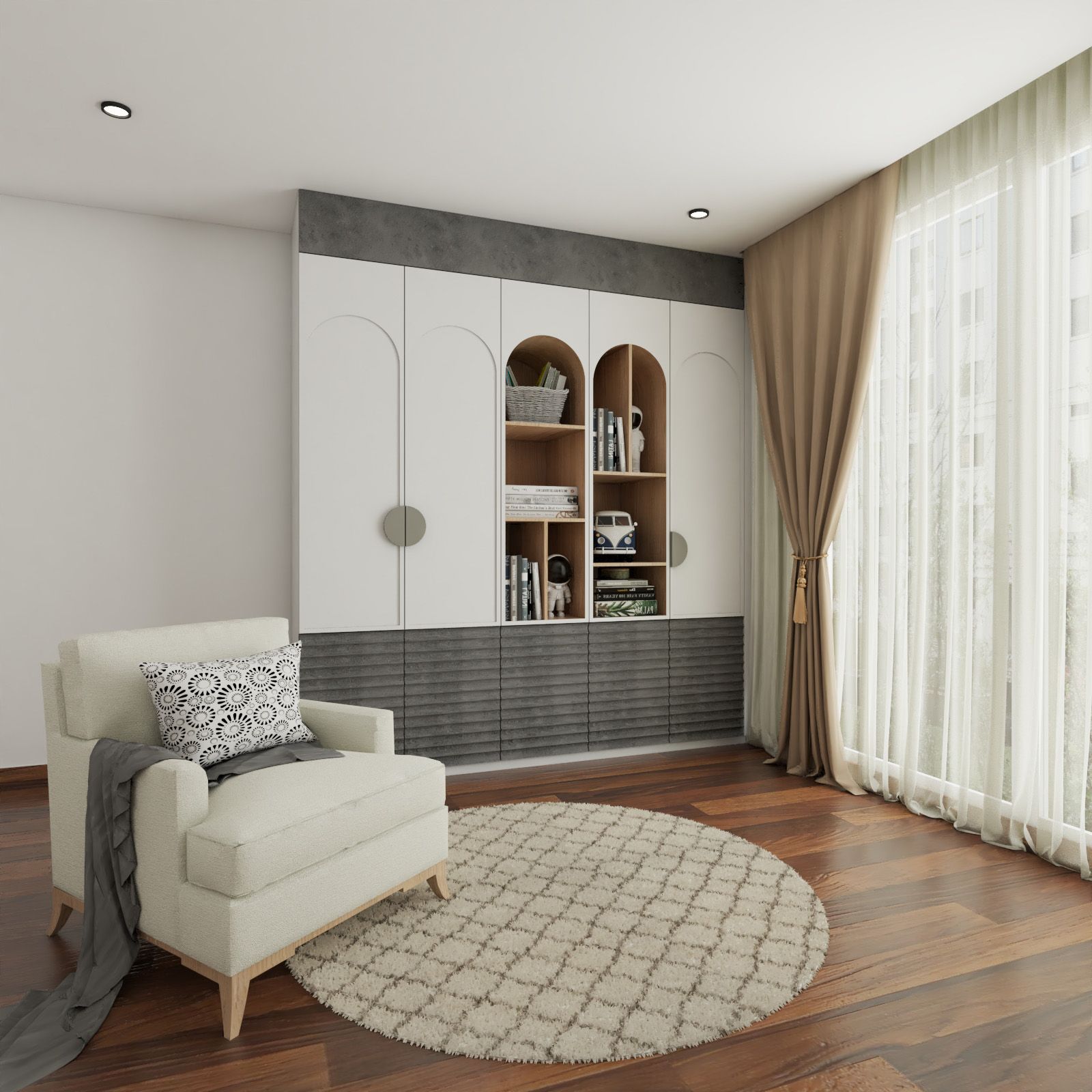 Modern 3-Door Grey And White Swing Wardrobe Design With Wooden Open Shelves