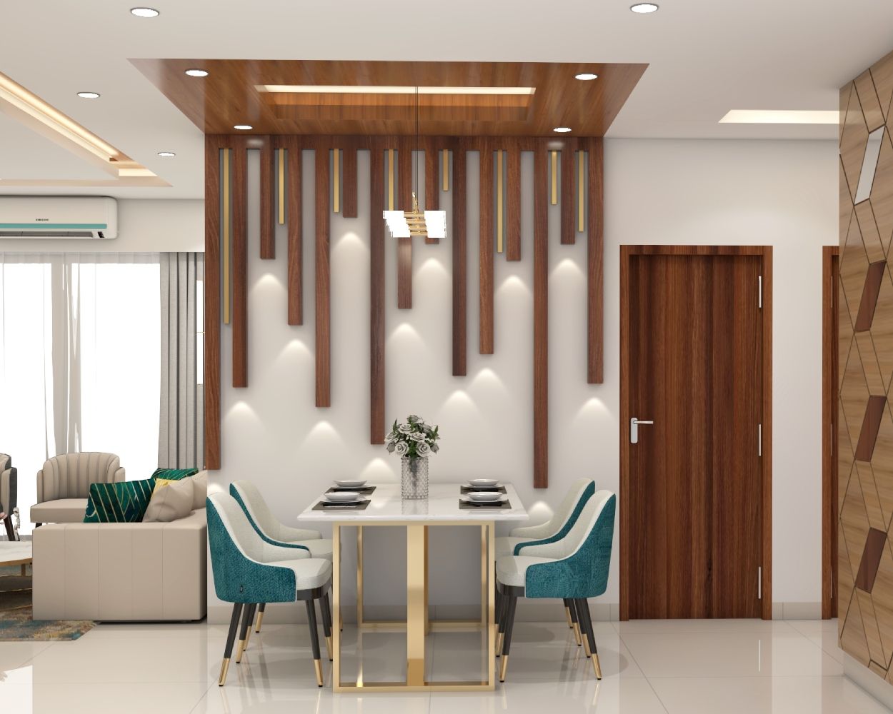 Contemporary Square Single-Layered Ceiling Design With Wooden Battens And Drop Down Light