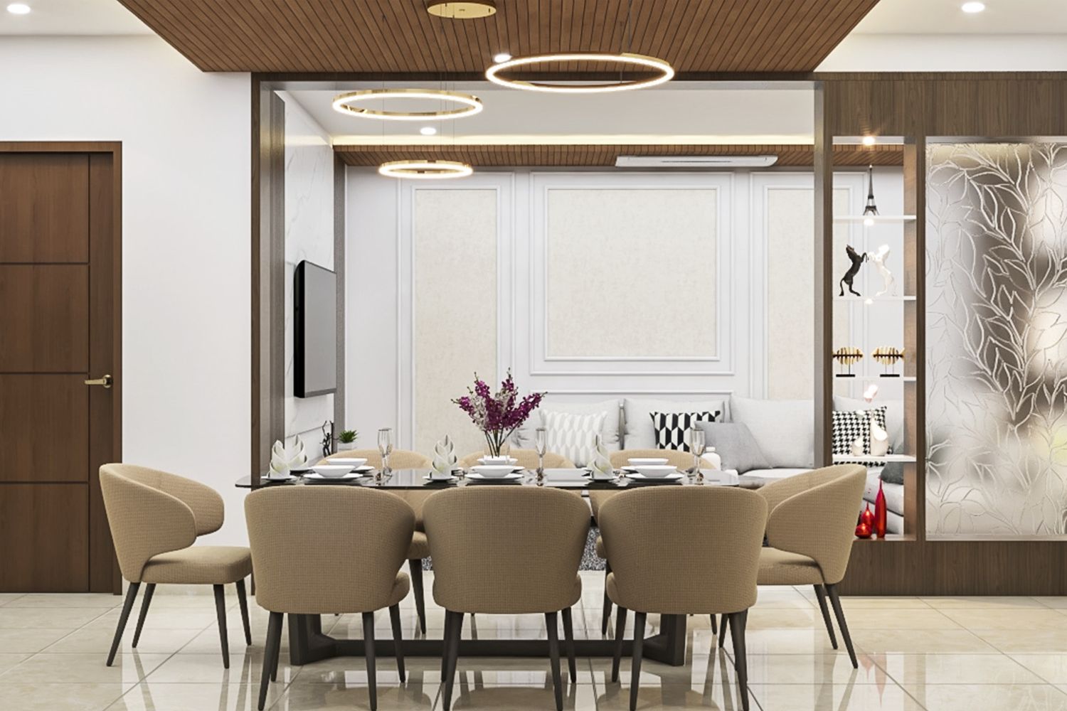 Contemporary Single-Layered Wood-Panelled Ceiling Design With Chandelier