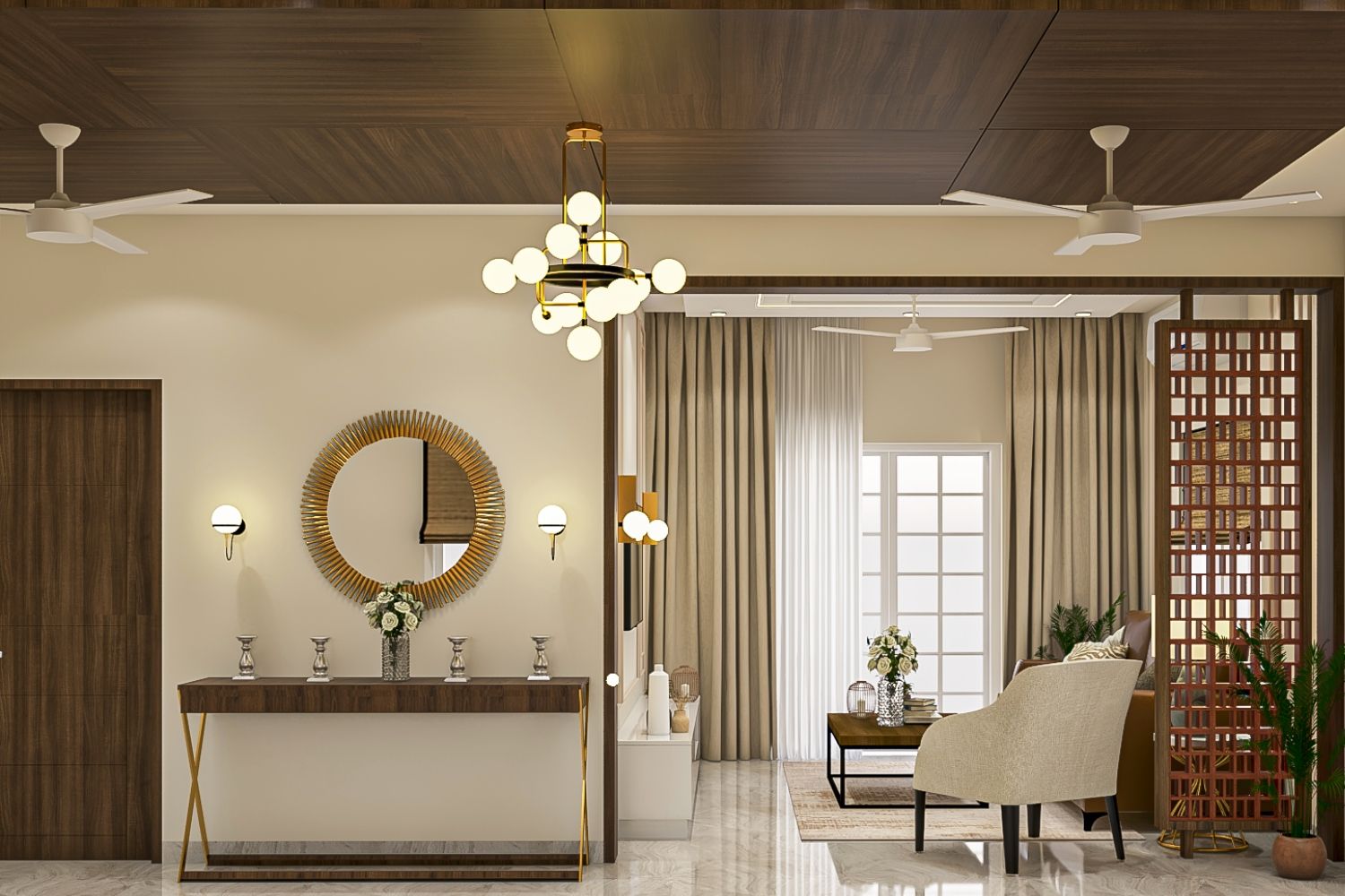 Single-Layered Wooden Ceiling Design With Square Panels And Chandelier