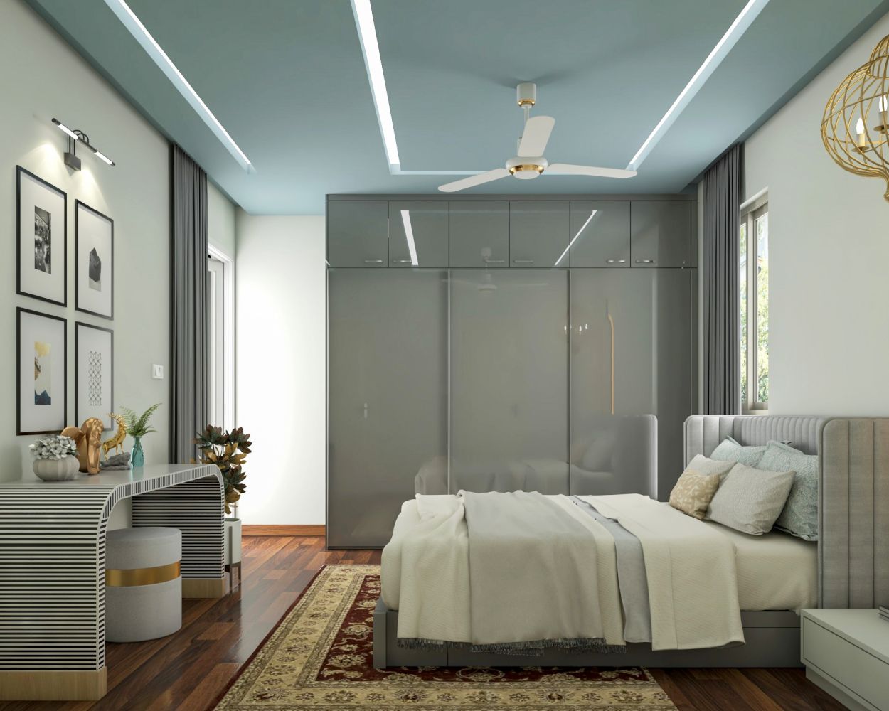 Contemporary Single-Layered  Blue False Ceiling Design For Bedroom With Cove Lights