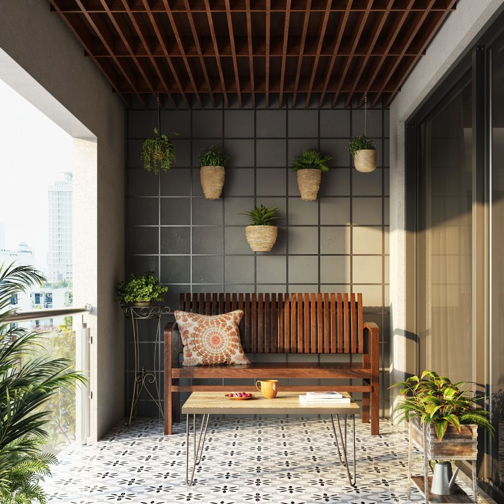 Tropical Wooden False Ceiling Design With Grid For Balcony
