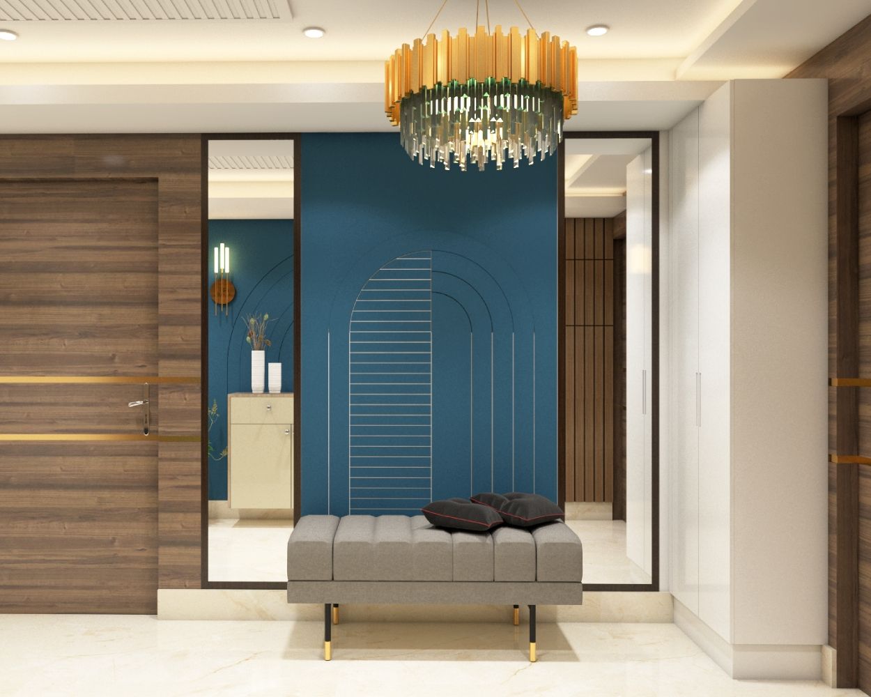 Contemporary Teal Blue And Grey Foyer Design With Chandelier