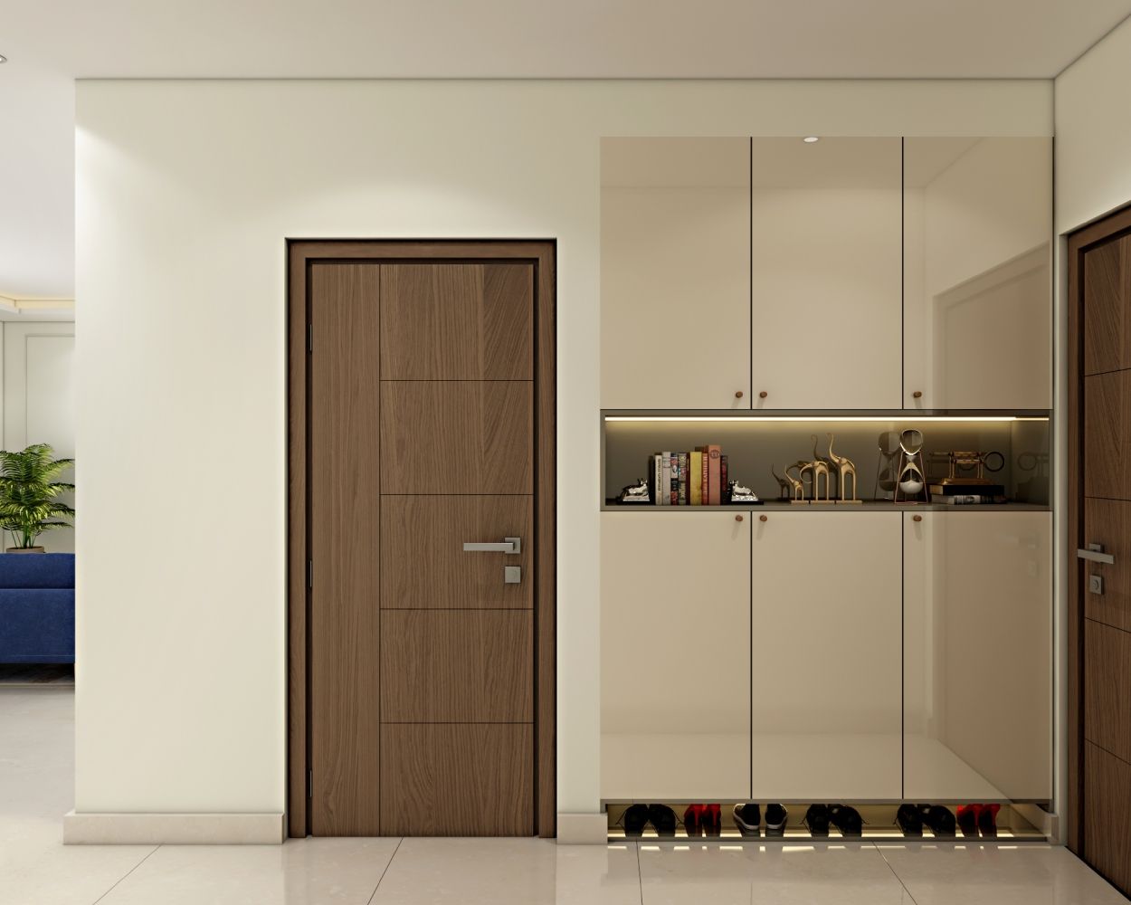 Modern Cream-Toned Foyer Design With Glossy Storage Unit