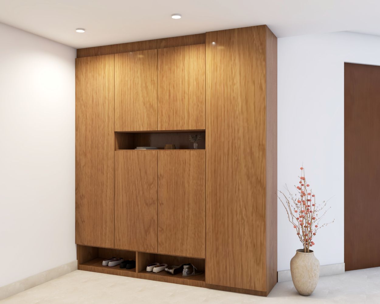 Modern Foyer Design With Floor-To-Ceiling Wooden Storage Unit