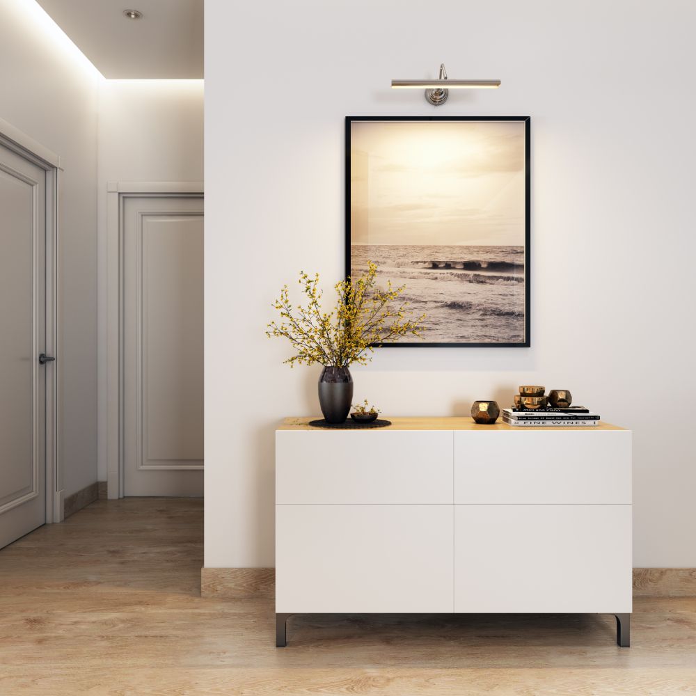 Minimal Foyer Design With White Console Table And Large Abstract Wall Art