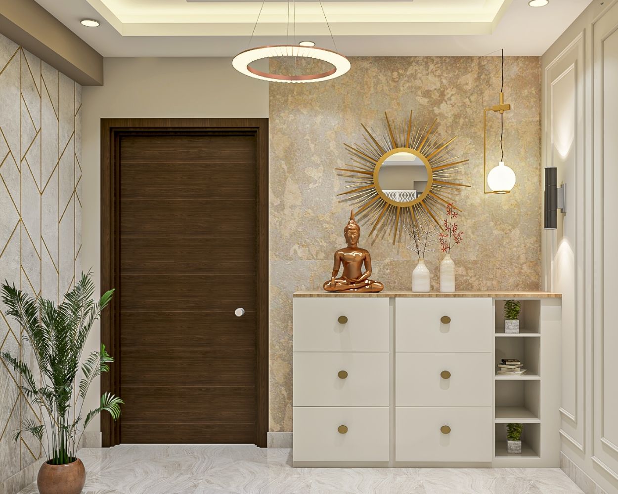 Contemporary Grey And Gold Foyer Design With White 6-Drawer Storage