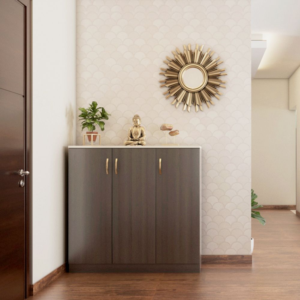 Contemporary Foyer Design With Dark Wood Storage Unit And Light Beige Fish-Scale Wallpaper