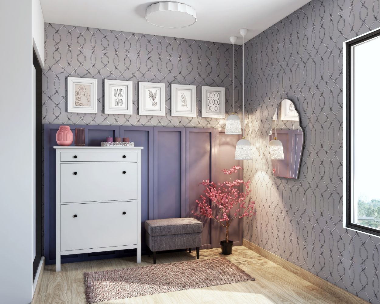 Eclectic Grey And Purple Foyer Design With White Storage Unit