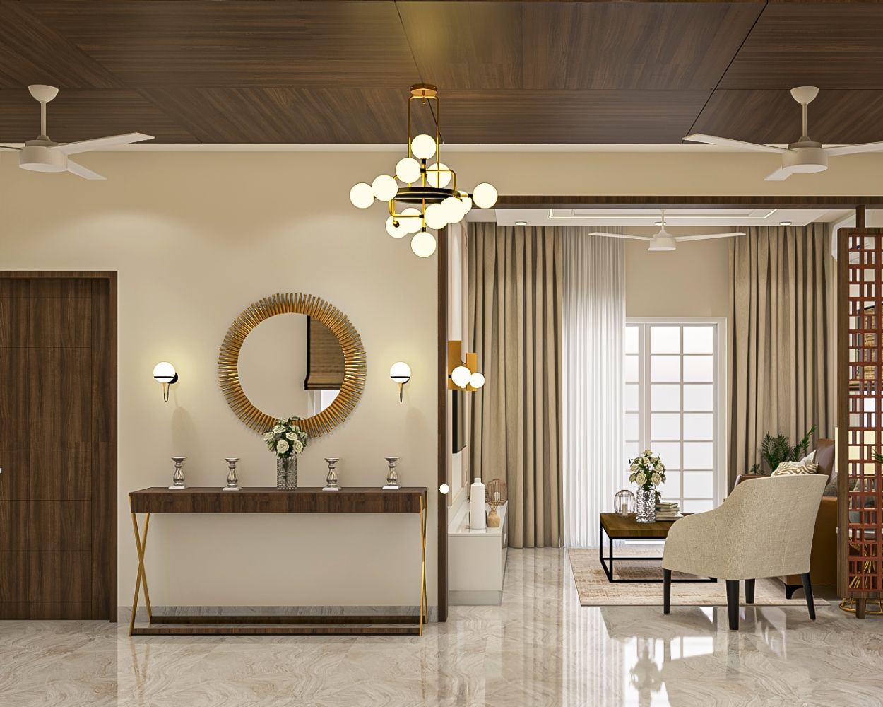Contemporary Foyer Design With Wooden Console Table And Gold-Framed Circular Mirror