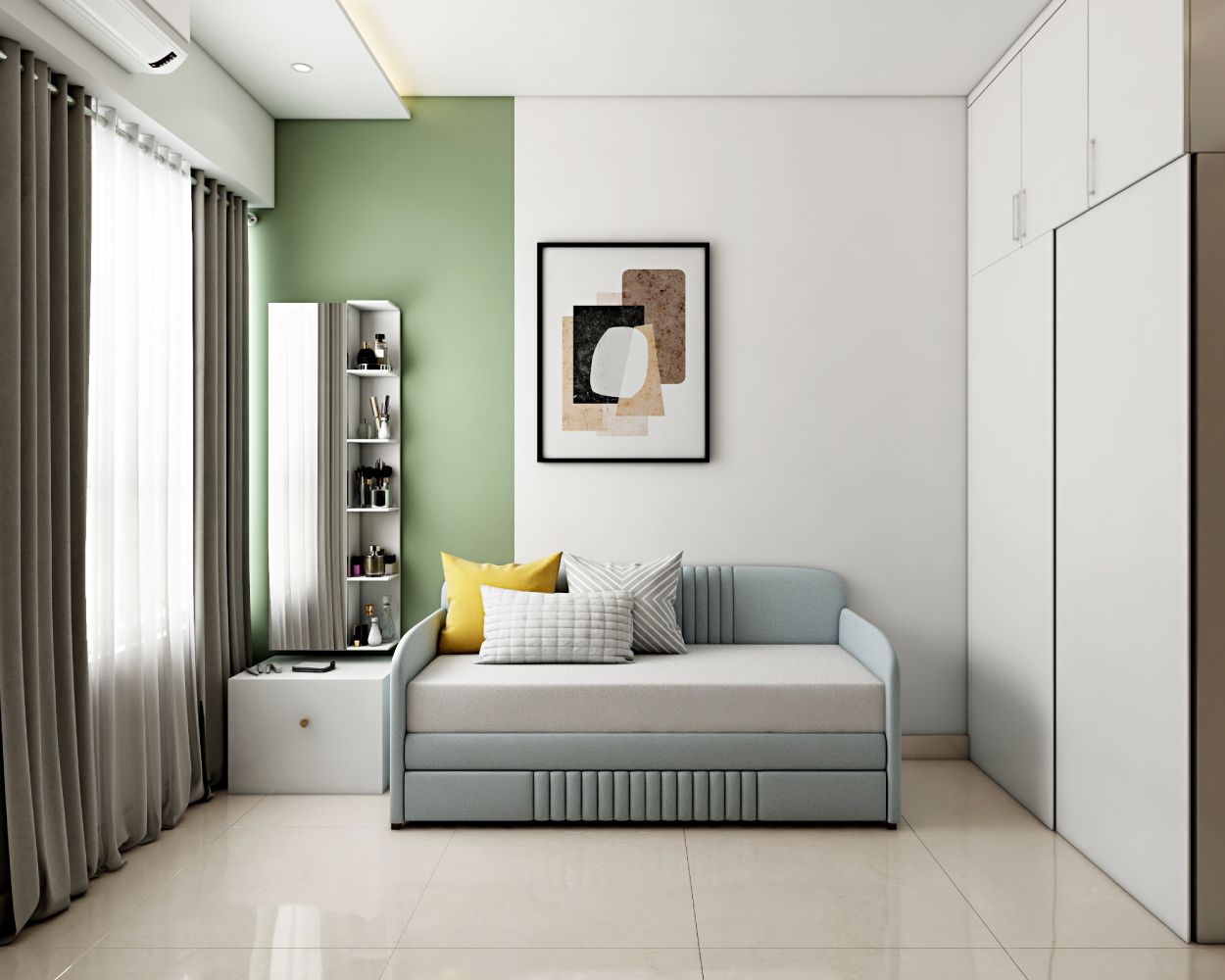 Modern Green And White Guest Bedroom Design With Sofa-Cum-Bend