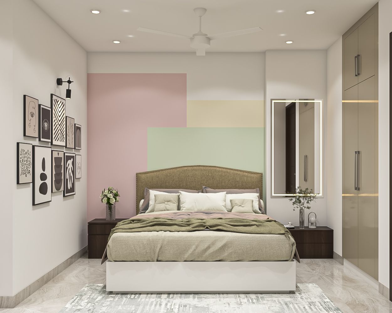 Contemporary Guest Room Design With Tri-Toned Accent Wall And Light Brown Bed