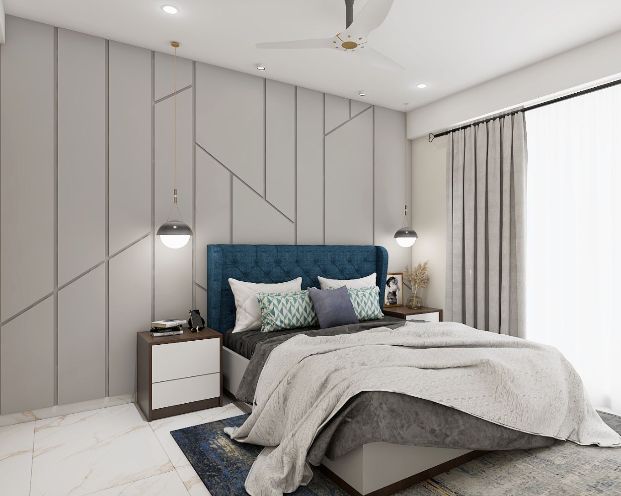 Contemporary Guest Bedroom Design With 3D Light Grey Wall Panelling
