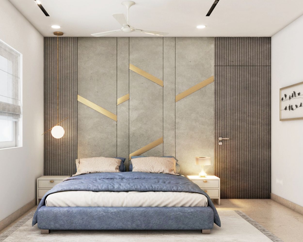 Modern Grey And Gold Guest Room Design With Blue Bed