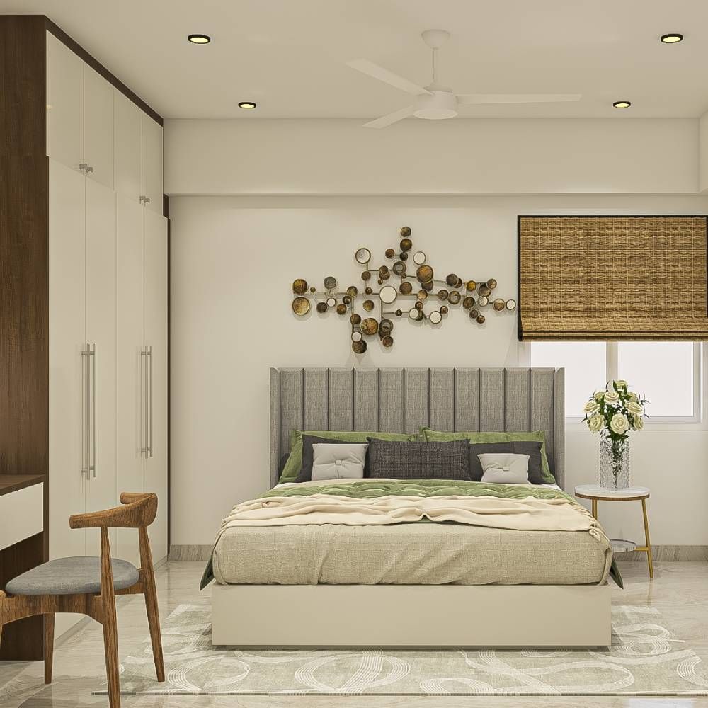 Classic Guest Bedroom Design With 4-Door White And Wood Swing Wardrobe