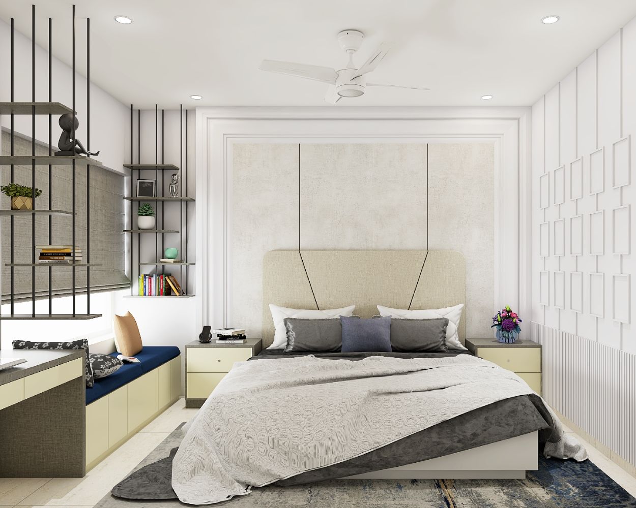 Modern Guest Room Design With Beige Queen-Size Bed And Suspended Grey Ceiling Storage Racks