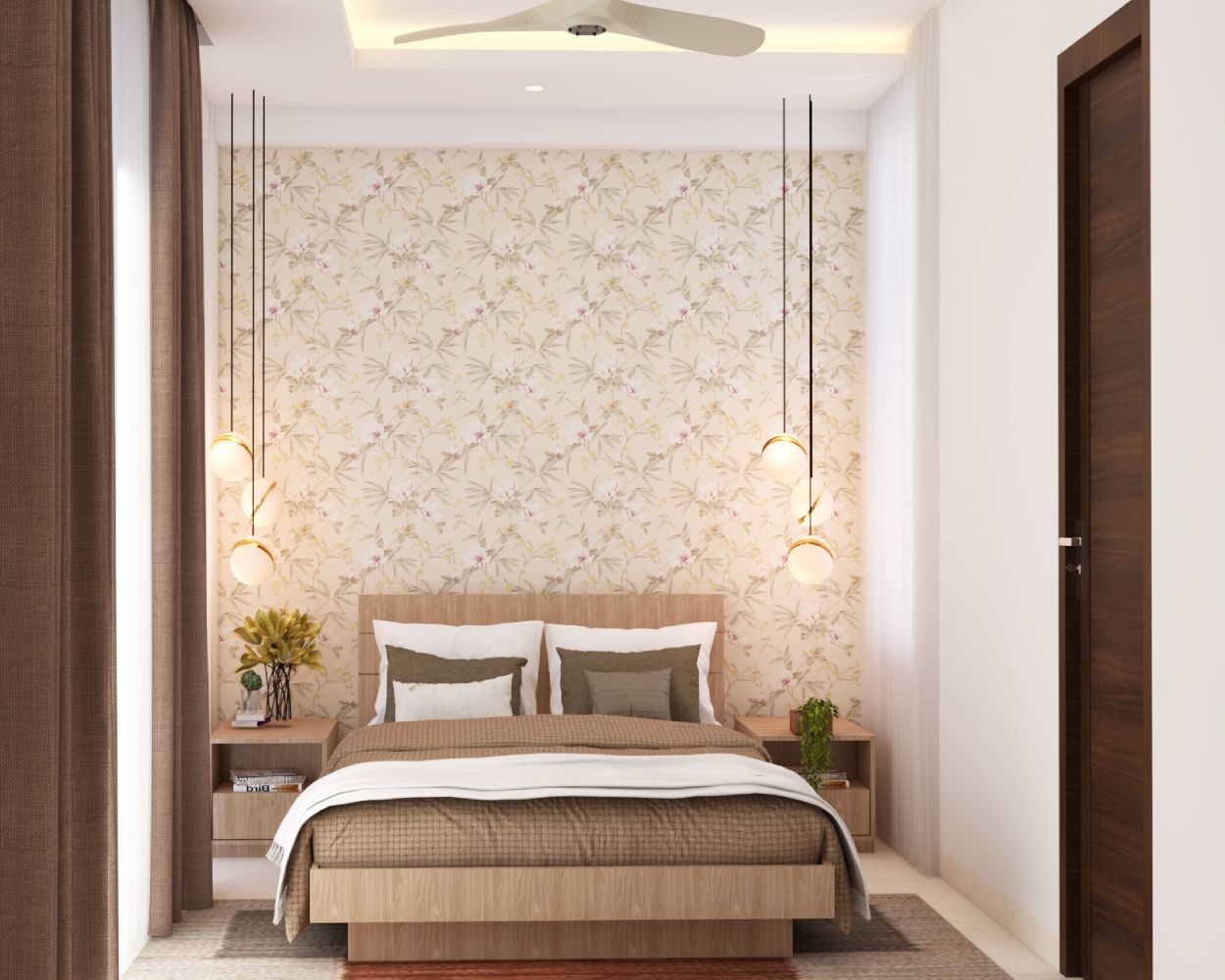 Modern Guest Room Design With Beige Floral Wallpaper