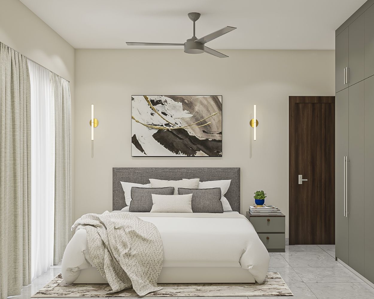 Modern Grey Guest Bedroom Design WIth Matte-Finish 4-Door Swing Wardrobe