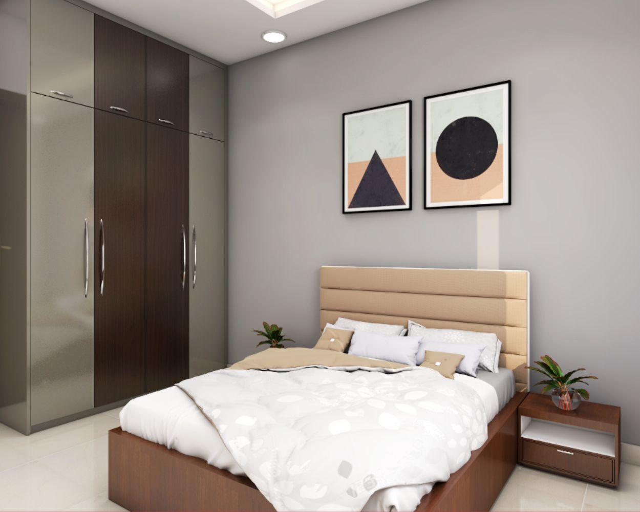 Modern Guest Room Design With Grey And Wood 4-Door Swing Wardrobe
