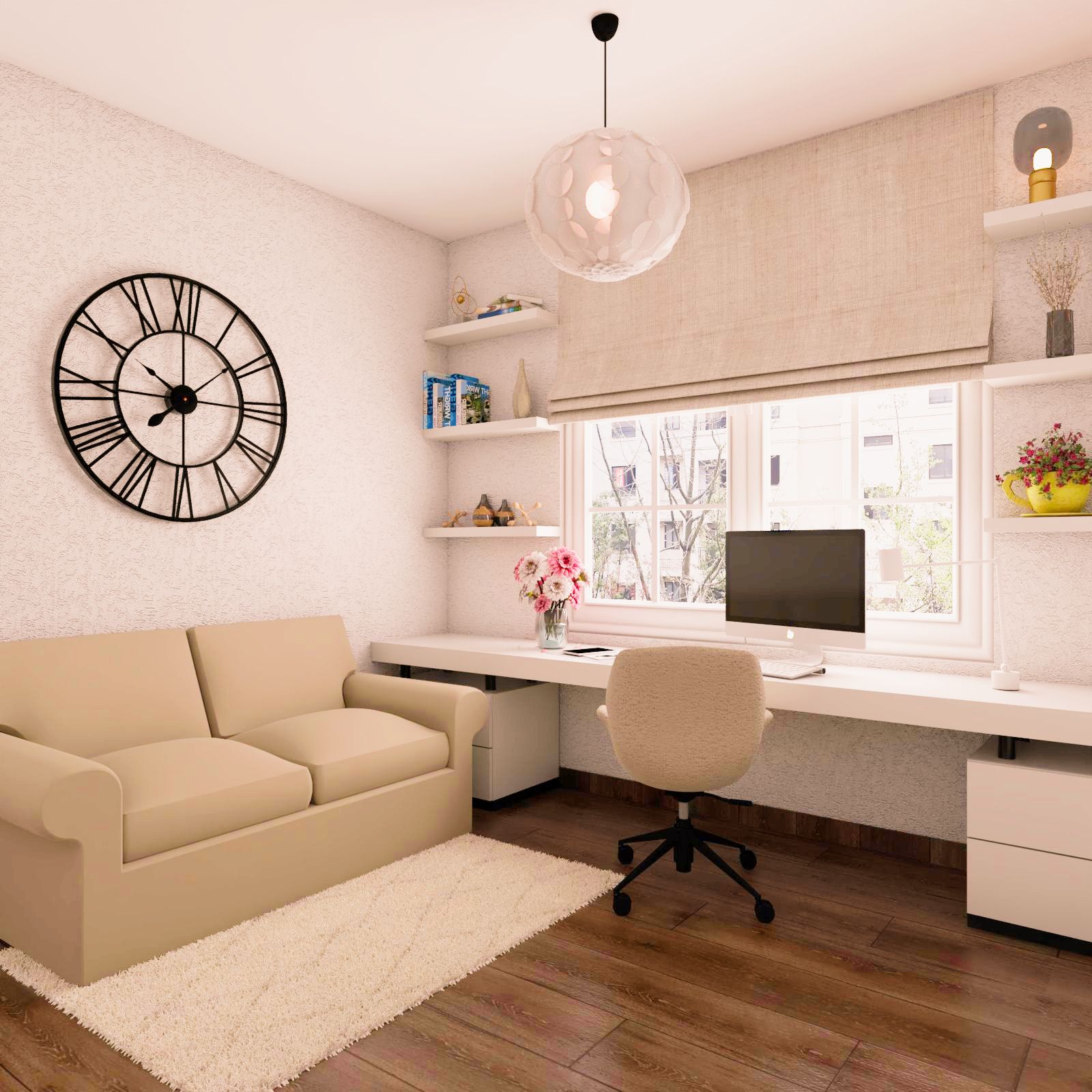 Minimal Frosty White Home Office Design With Spacious Study Table And 2-Seater Beige Sofa