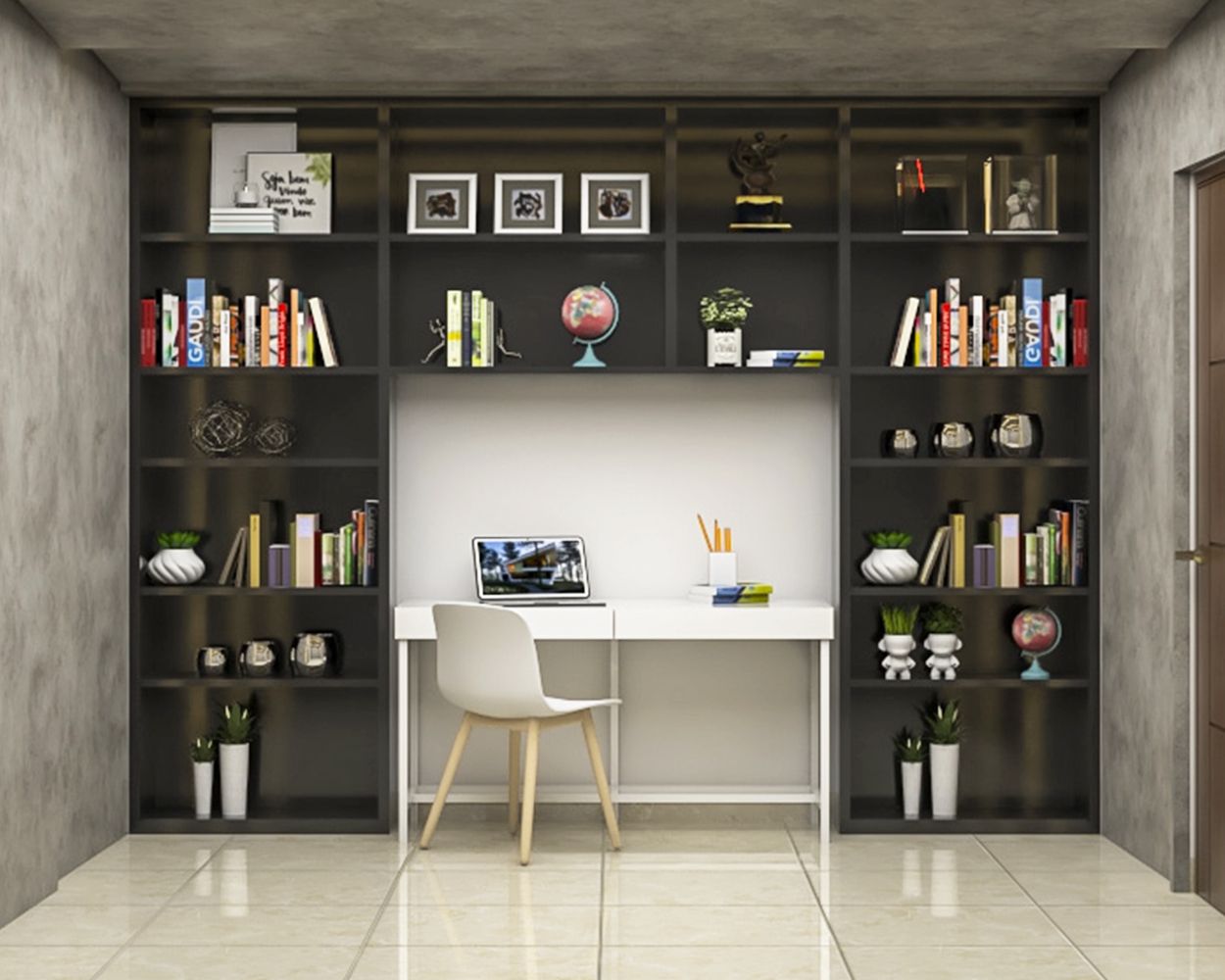 Modern Frosty White And Grey Home Office Design With Large Open Storage Unit