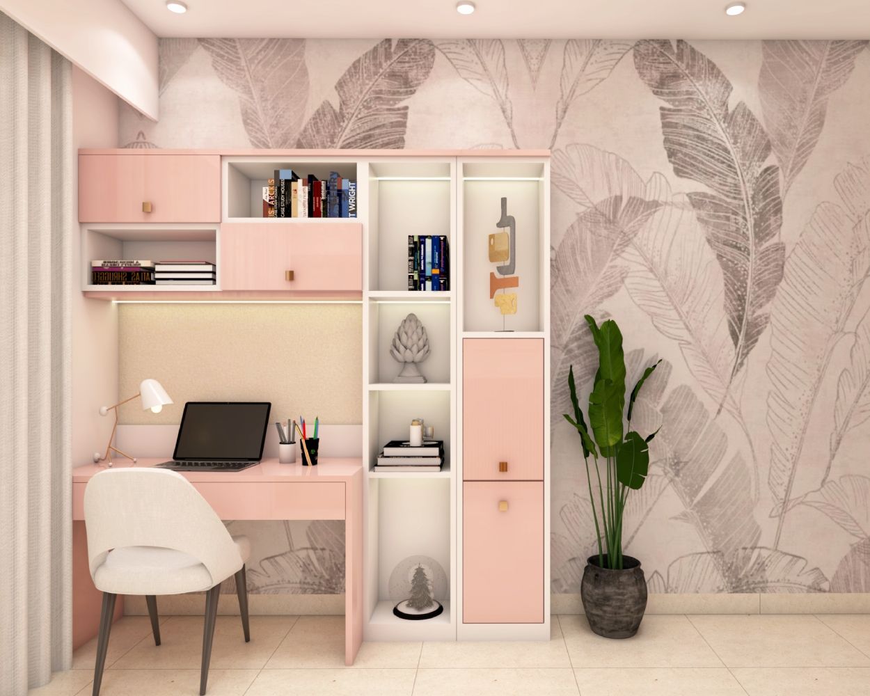 Modern Pink And White Home Office Design With Grey-White Leafy Wallpaper