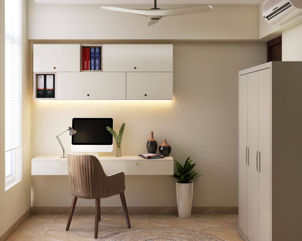 Modern Frosty White Home Office Design With Under-Cabinet LED Lighting