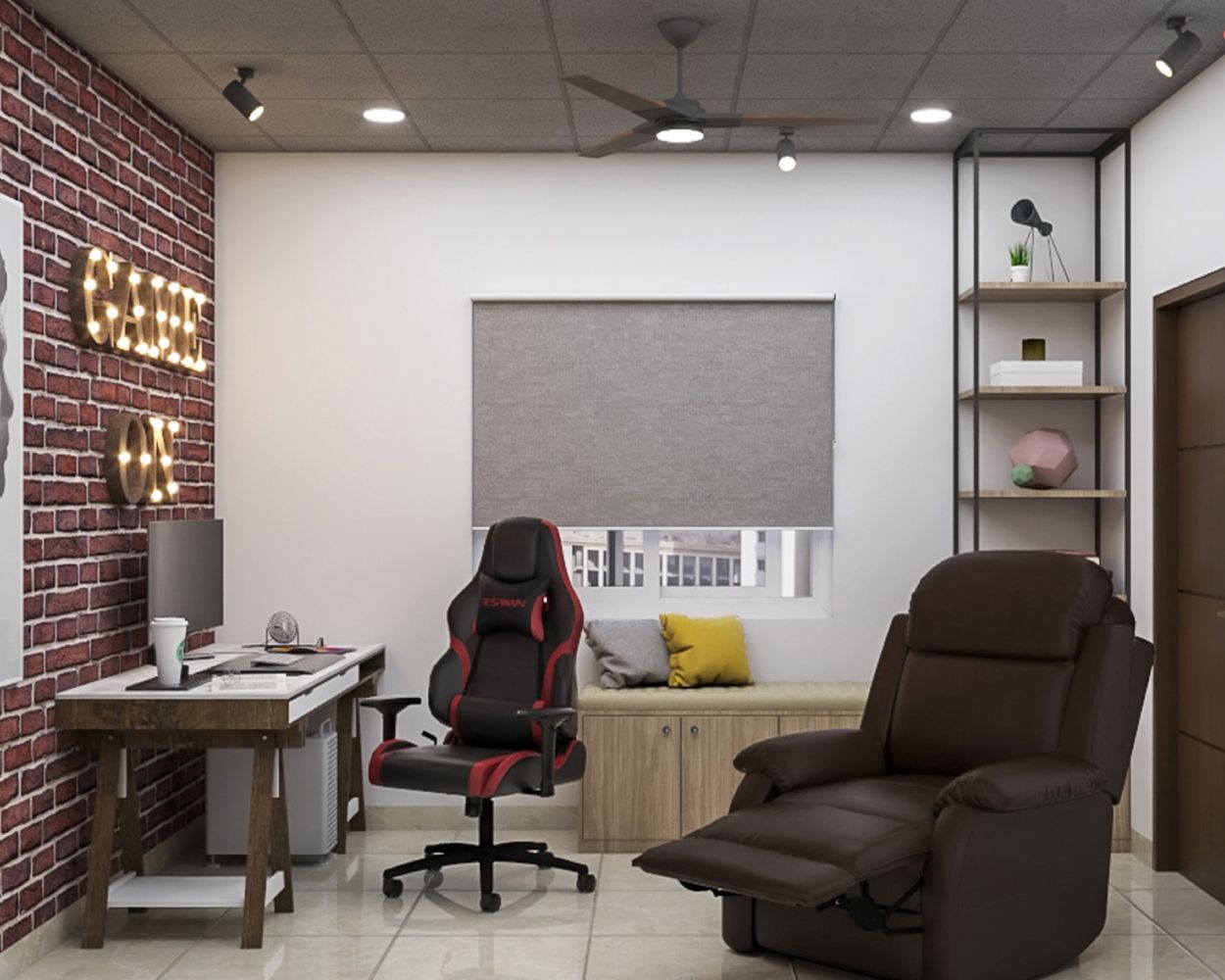 Industrial Office Decoration Ideas With Red Brick Accent Wall
