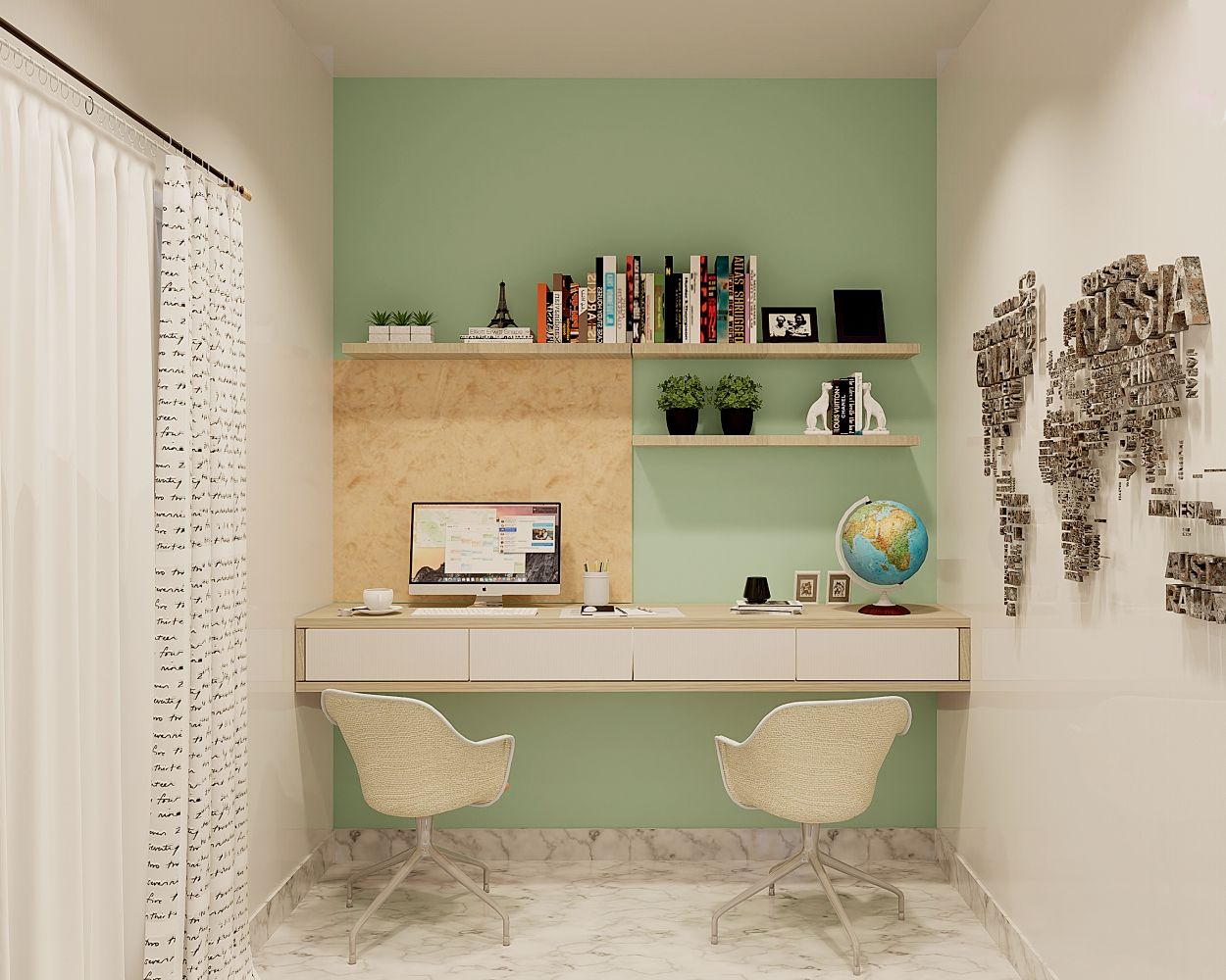 Modern White And Wood Home Office Design For Two With Green Accent Wall