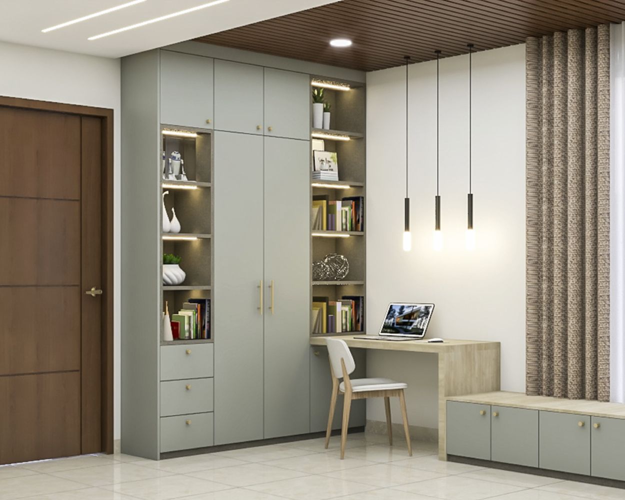 Modern Light Wood And Grey Home Office Design With Integrated 2-Door Grey Swing Wardrobe