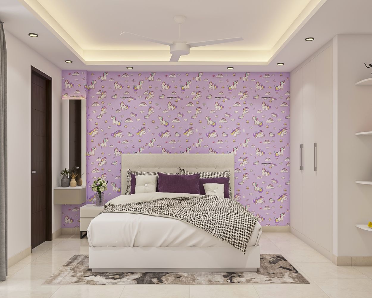 Modern Kids Room Design For Girls With Lavender Unicorn-Themed Wallpaper
