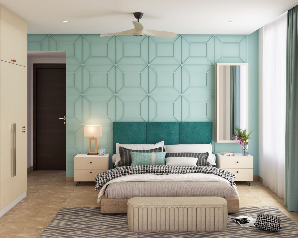 Contemporary Kids Room Design For Girls With Sea-Green Accent Wall And Geometric Wall Paneling