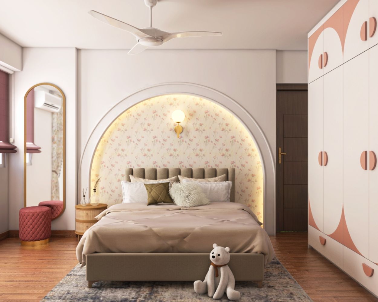 Art Deco Kids Room Design For Girls With Wall Arch And Beige Floral Wallpaper