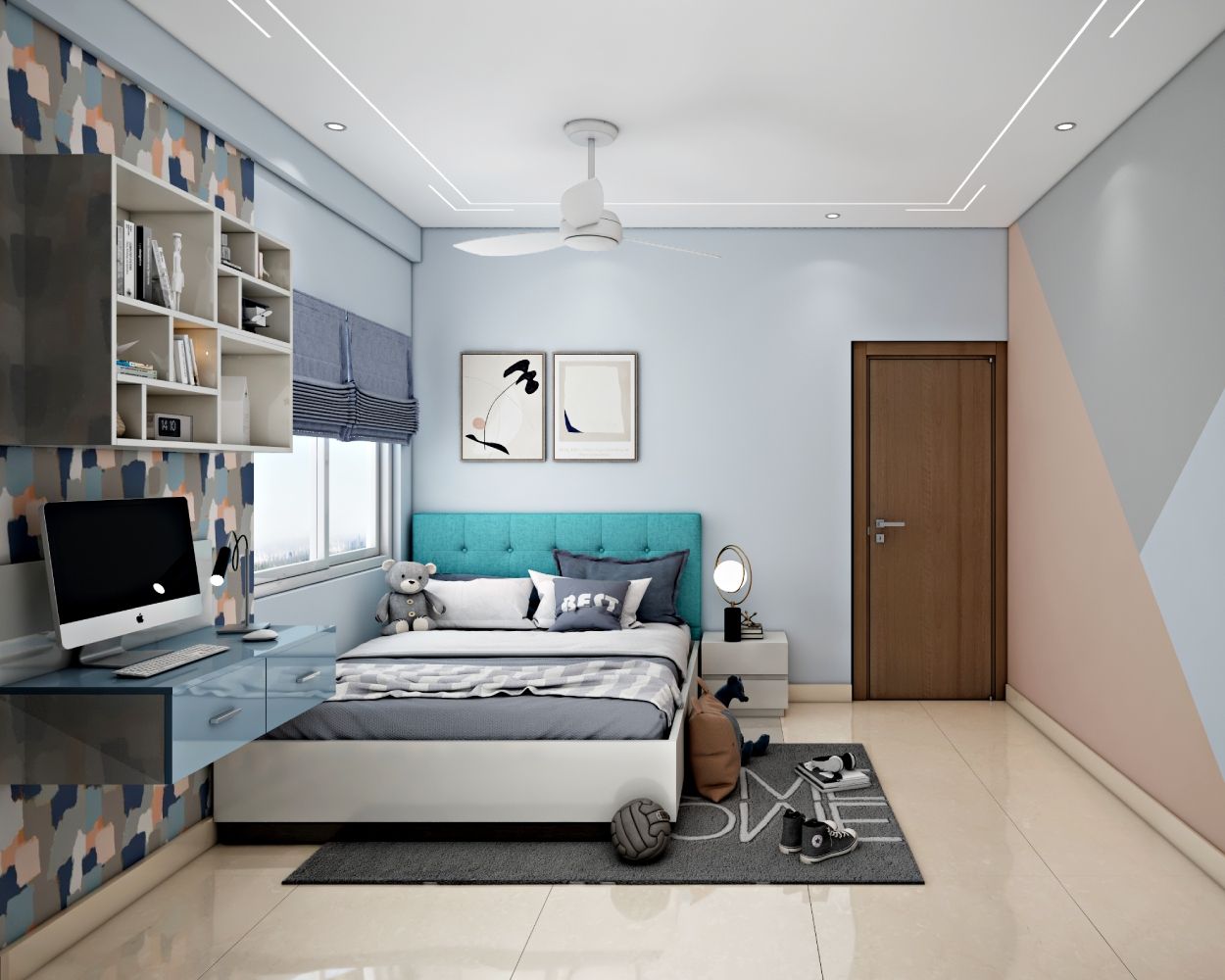 Modern Multicoloured Boys Room Design With Blue Headboard Bed