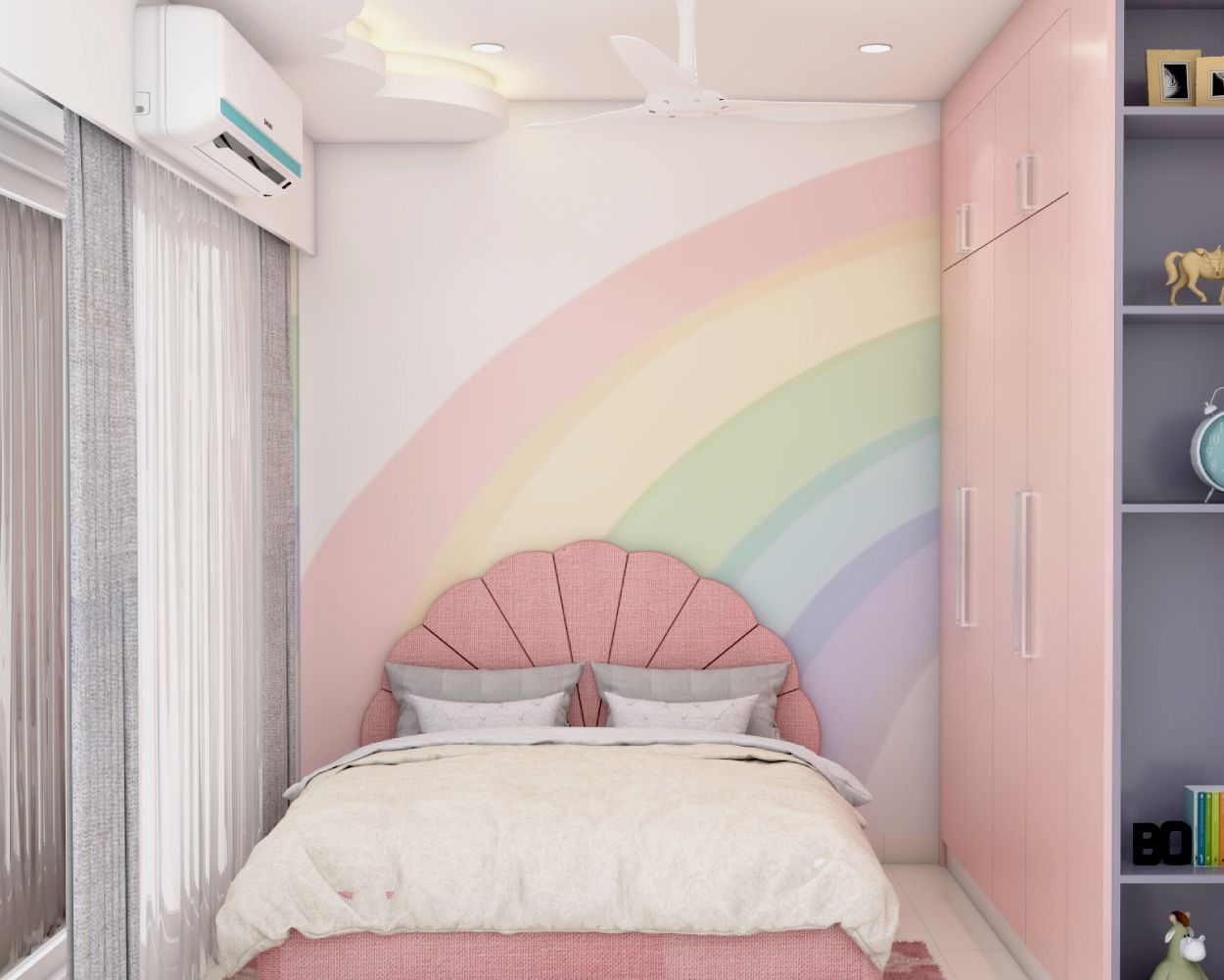 Modern Pink Kids Room Design For Girls With Shell-Shaped Headboard