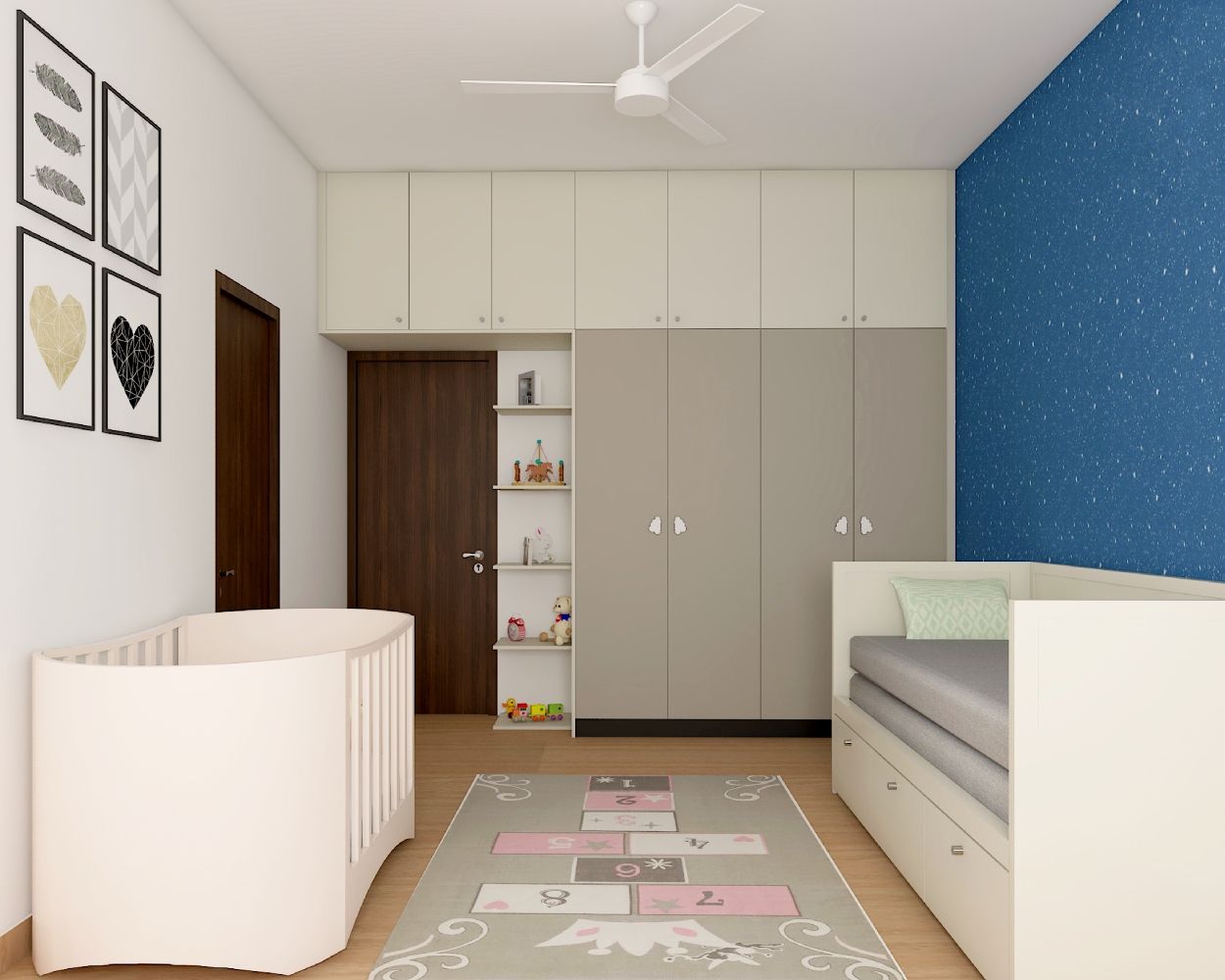 Modern Kids Bedroom Design With White Sofa-Cum-Bed And Blue Patterned Wallpaper