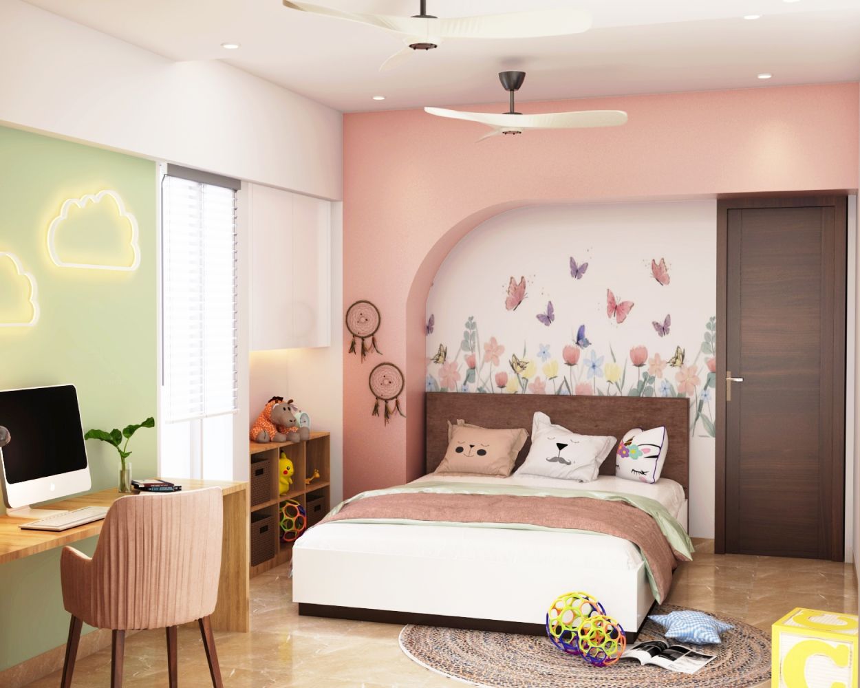 Modern Girls Room Design With Floral Wallpaper And 2-Door Frosted Wardrobe
