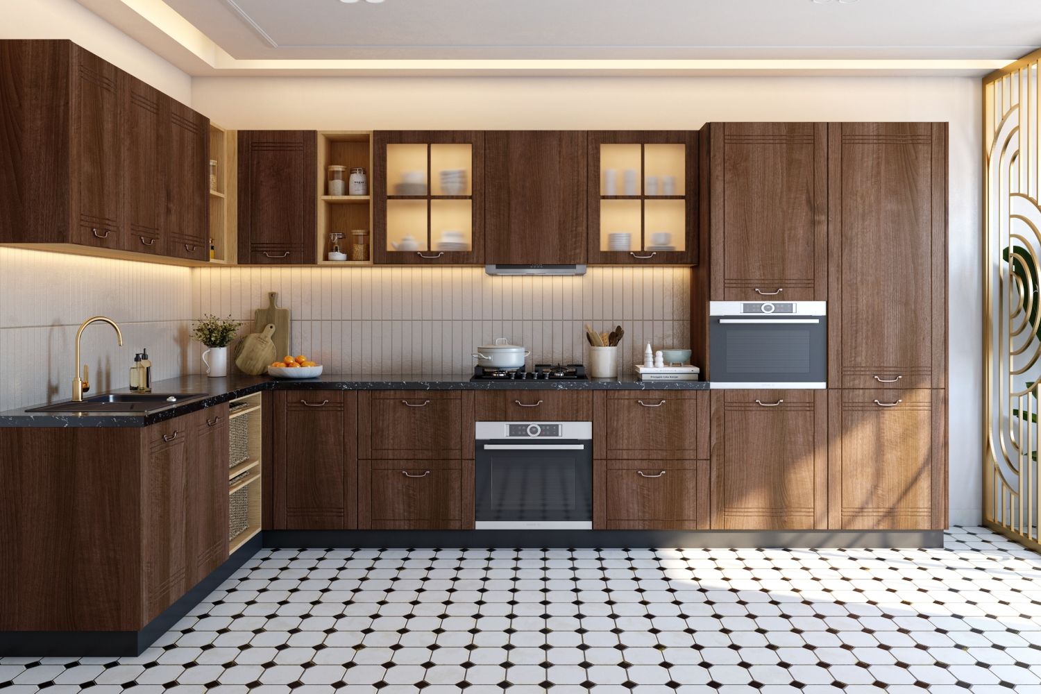 Mid-Century Modern Dark Wood L-Shaped Kitchen Design With Rectangular White Backsplash
