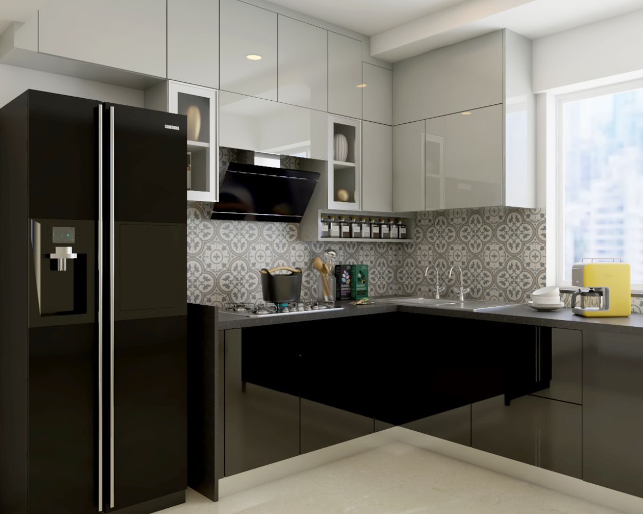 Modern Grey And Black Modular Indian Kitchen Design With An L-Shape Layout