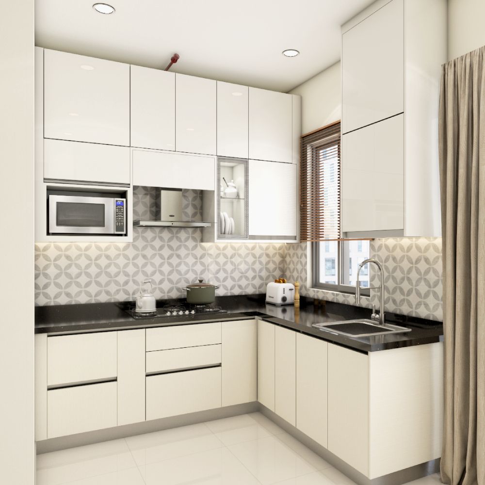 Modern Frosty White L-Shaped Kitchen Design With Geometric Backsplash