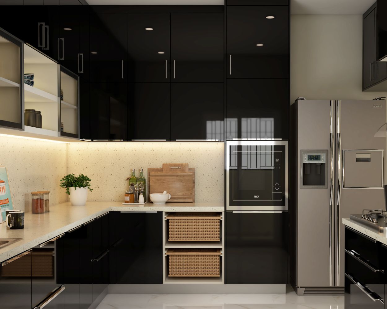 Modern All-Black Glossy Modular Kitchen Design With Ample Storage Options